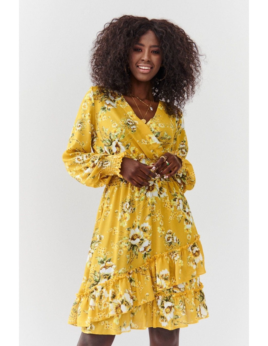 Airy dress with a mustard floral print FG637 - Online store - Boutique